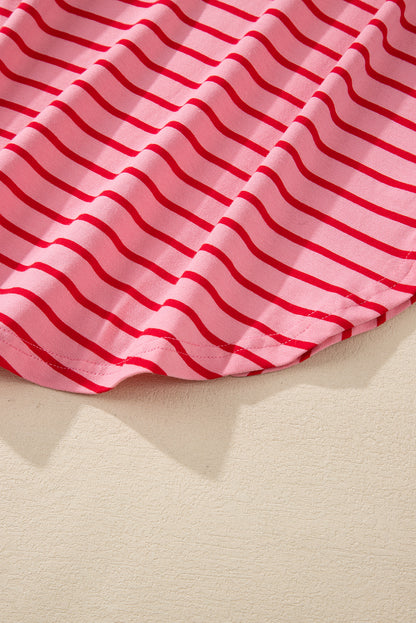 Strawberry Pink Striped 3/4 Sleeve Round Hem Shift T Shirt Dress