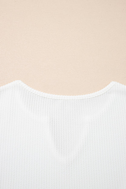 White Spiral Ribbed Raw Seam Color Block Patchwork Long Sleeve Top