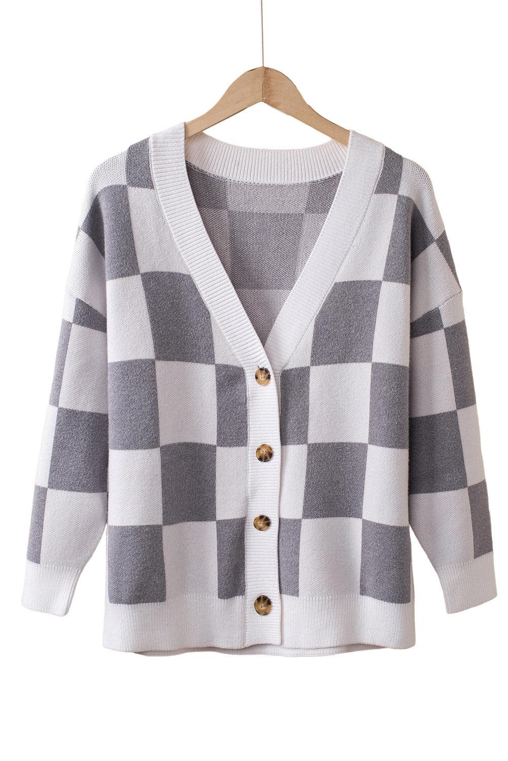 Gray Contrast Checkered Print Button Up Sweater Cardigan - L & M Kee, LLC