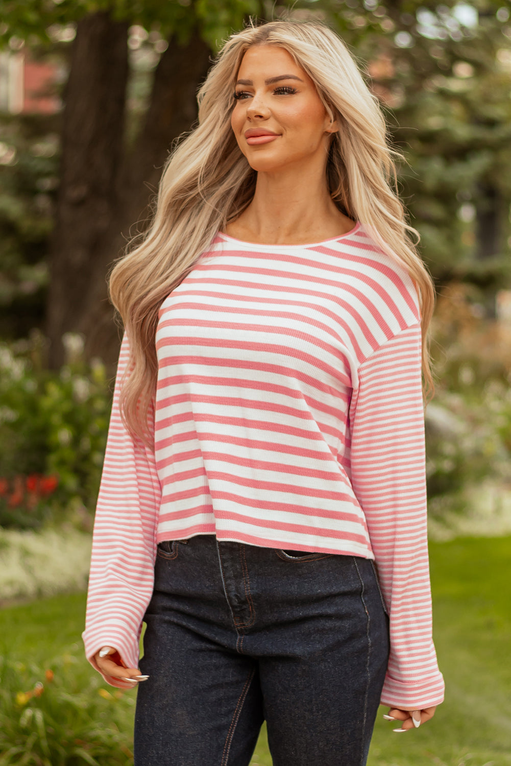 Pink Stripe Textured Contrast Dropped Long Sleeve Top
