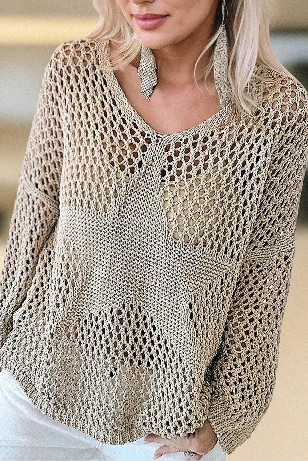 Light French Beige Star Pointelle Knit Baggy Sweater - L & M Kee, LLC