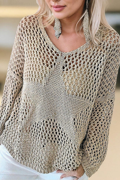 Light French Beige Star Pointelle Knit Baggy Sweater - L & M Kee, LLC