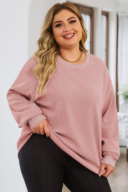 Pink Plus Size Corded Round Neck Sweatshirt - L & M Kee, LLC