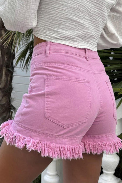 Pink Frayed Edge Mid Rise Denim Shorts - L & M Kee, LLC