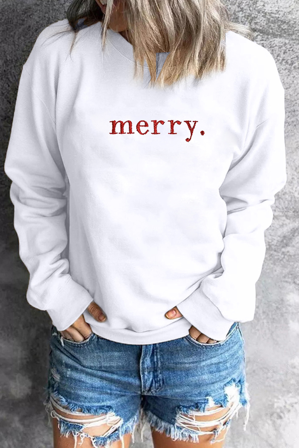 Beige Merry Graphic Embroidered Crew Neck Sweatshirt