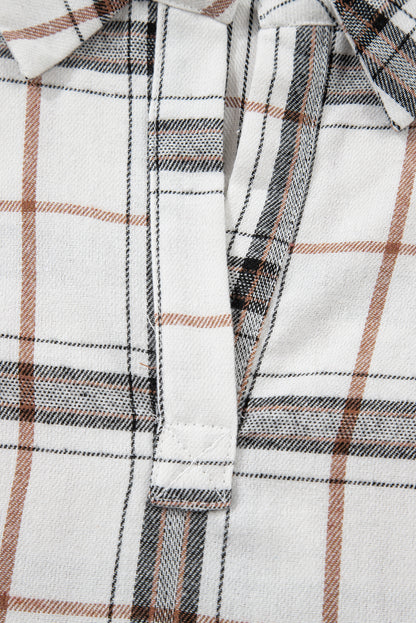 Red Plaid Print Collared V Neck Loose Blouse with Side Slits