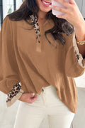 Camel Contrast Leopard Print Patchwork Polo Collar Buttons Front Ruffled Long Sleeve Blouse