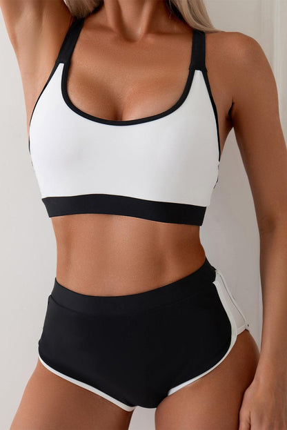 White Colorblock Crisscross Back High Waist Sporty Bikini - L & M Kee, LLC