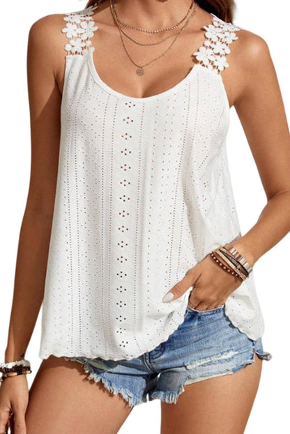 White Solid Color Eyelets Floral Straps Tank Top