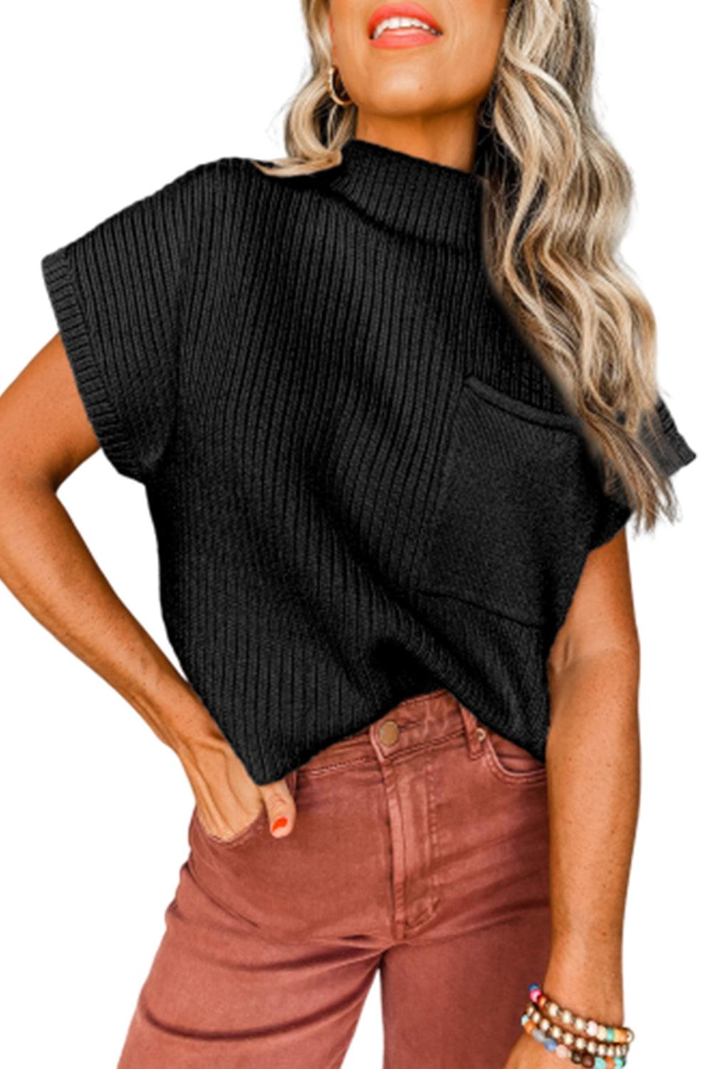 Black Patch Pocket Ribbed Knit Short Sleeve Sweater - L & M Kee, LLC