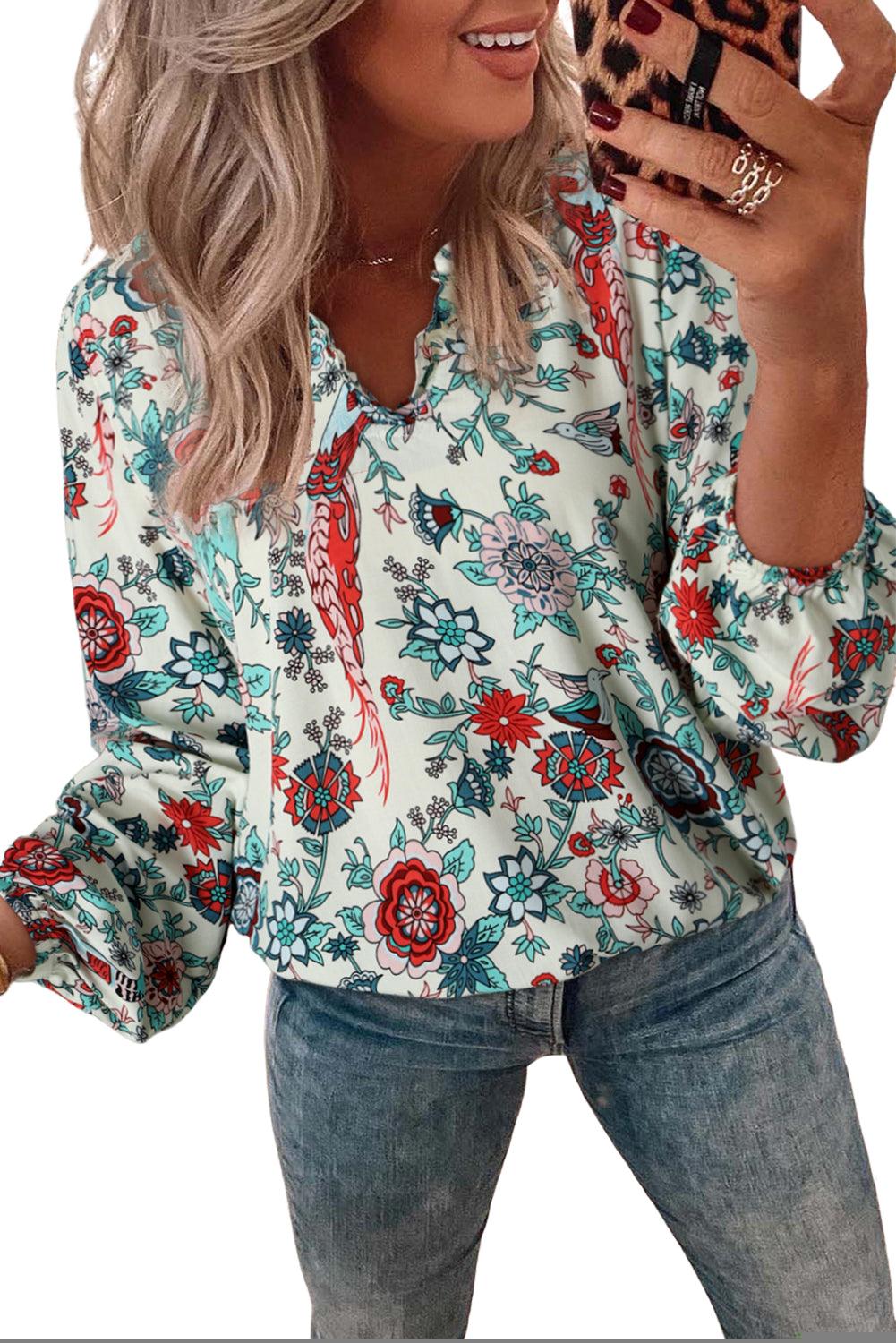 Apricot Floral Frilled V Neck Long Sleeve Blouse - L & M Kee, LLC