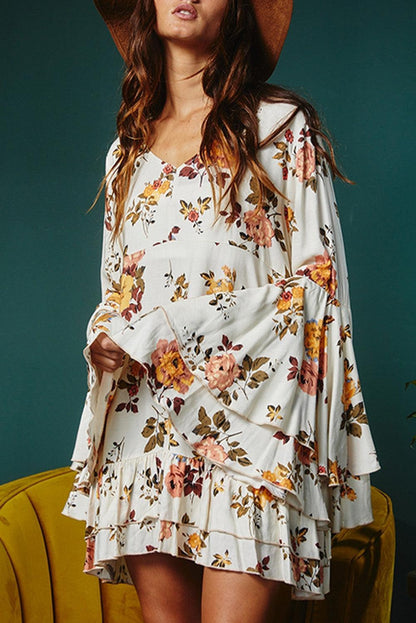 White Printed Floral Print Layered Sleeve Mini Dress - L & M Kee, LLC