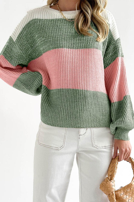Green Colorblock Drop Shoulder Pullover Loose Sweater