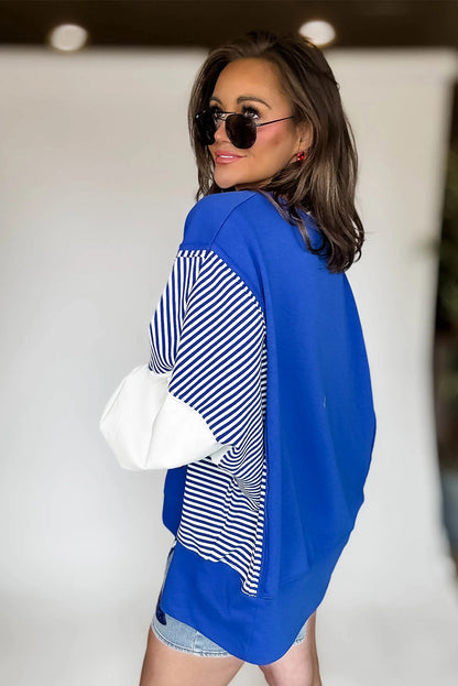 Dark Blue Striped Patchwork Sleeve Colorblock Sweatshirt
