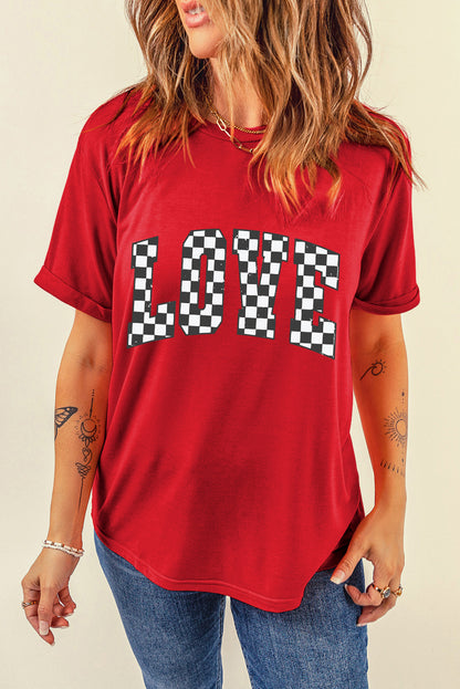 Red Checkered LOVE Letter Graphic Valentines T Shirt