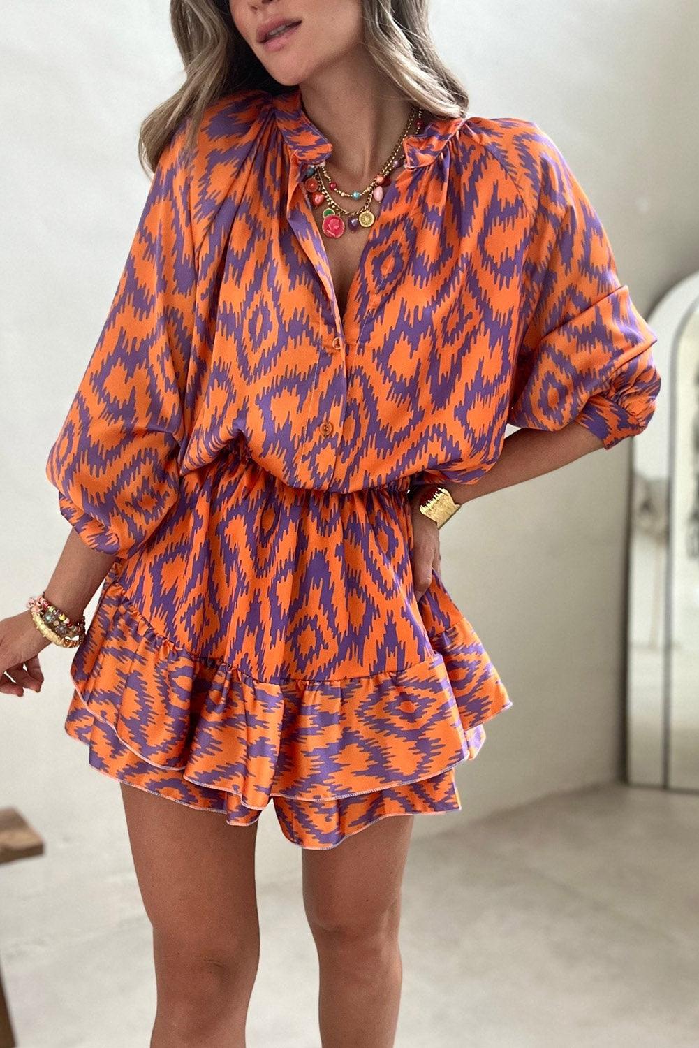 Aztec Bubble Sleeve High Waist Romper - L & M Kee, LLC