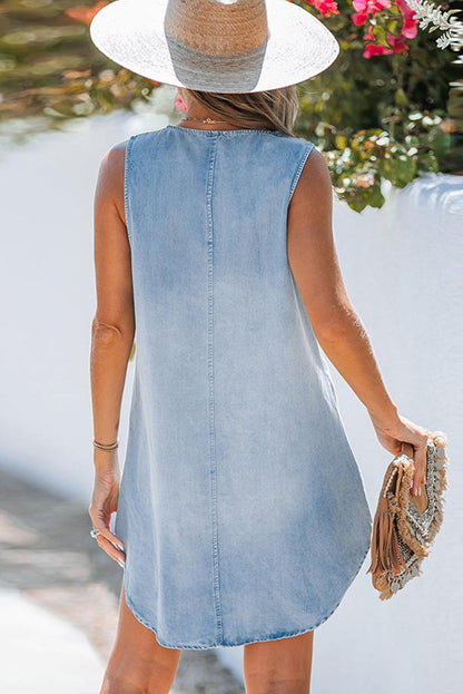 Beau Blue Light Wash Split Neck Sleeveless Chambray Dress - L & M Kee, LLC