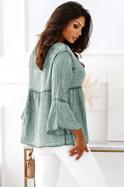 Green Crinkle Lace Up Round Neck Bell Sleeve Blouse