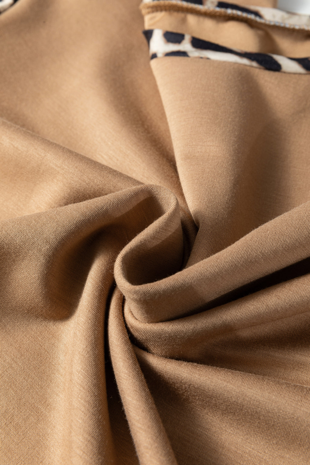 Light French Beige Leopard Trim Round Neck Loose T Shirt