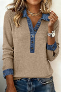 Beige Ribbed Knit Denim Patchwork Button Polo Collar Cuffed Long Sleeve Top
