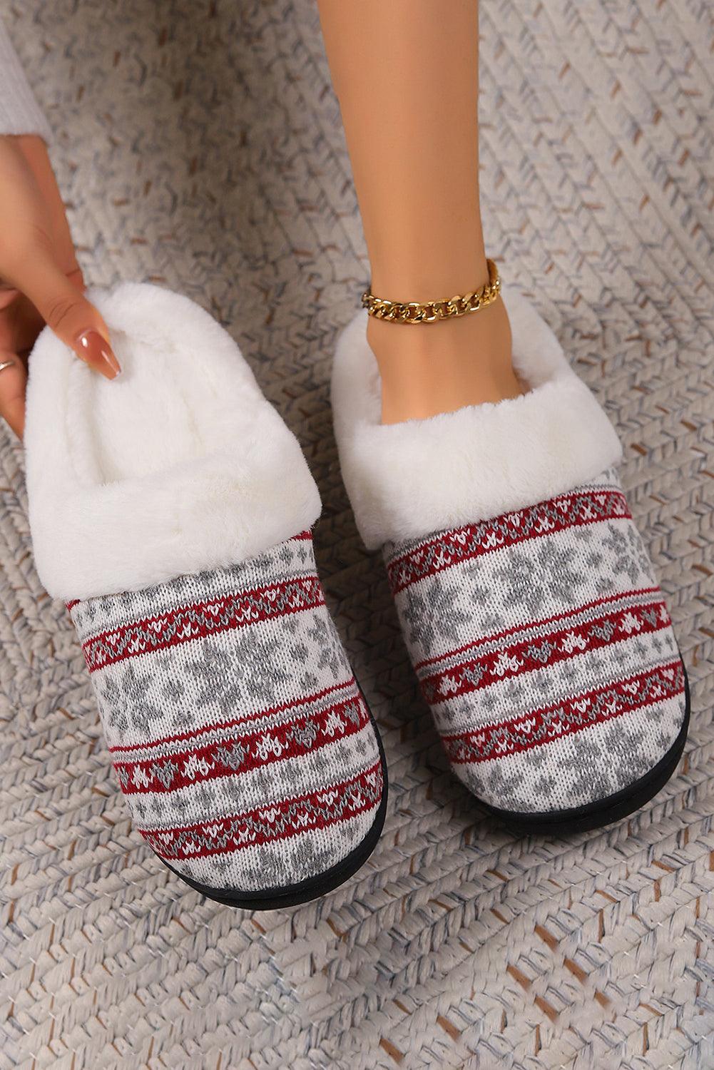 White Snowflake Pattern Knitted Plush Home Slippers - L & M Kee, LLC