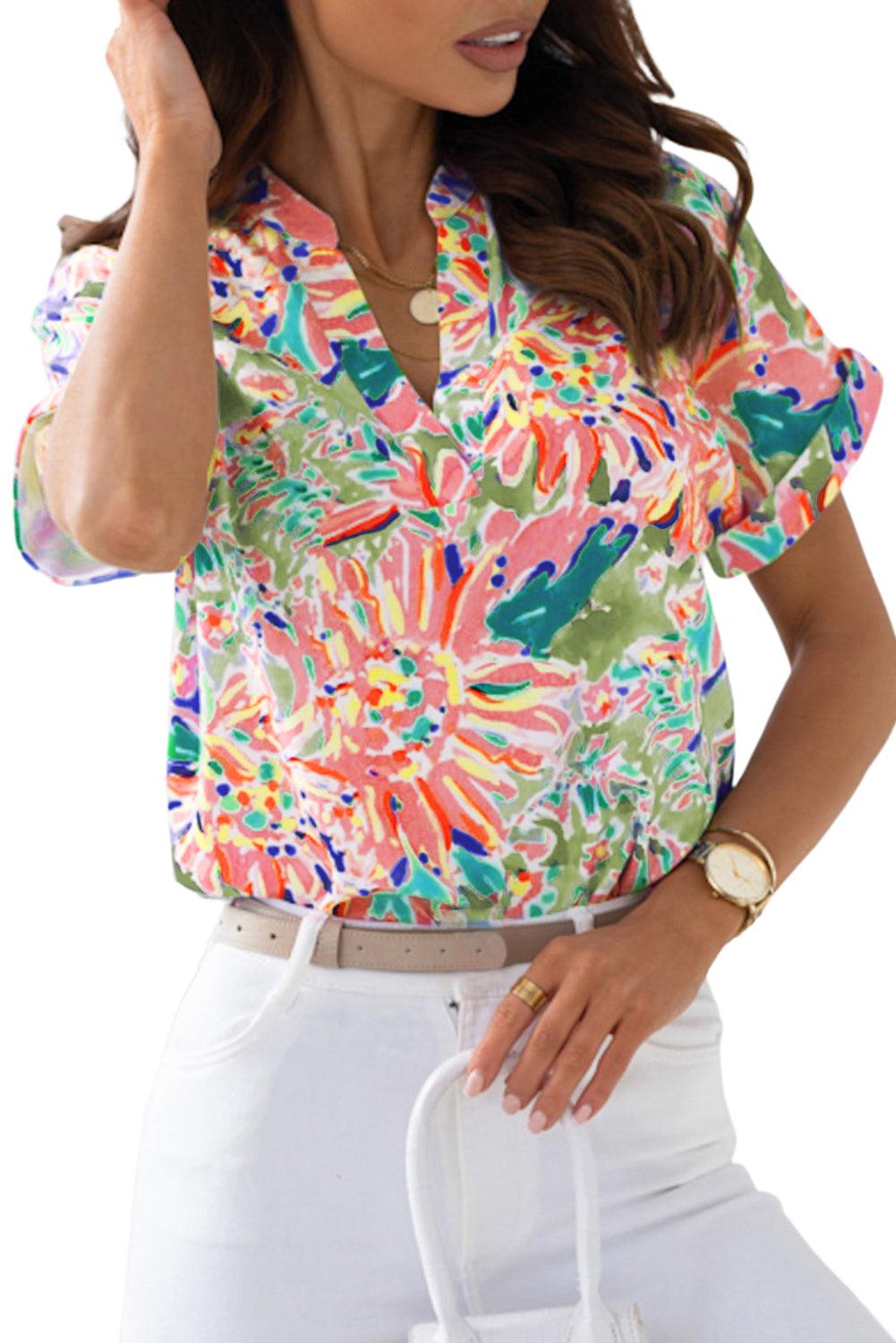 Pink Abstract Floral Print Notch V Neck Rolled Short Sleeve Blouse - L & M Kee, LLC