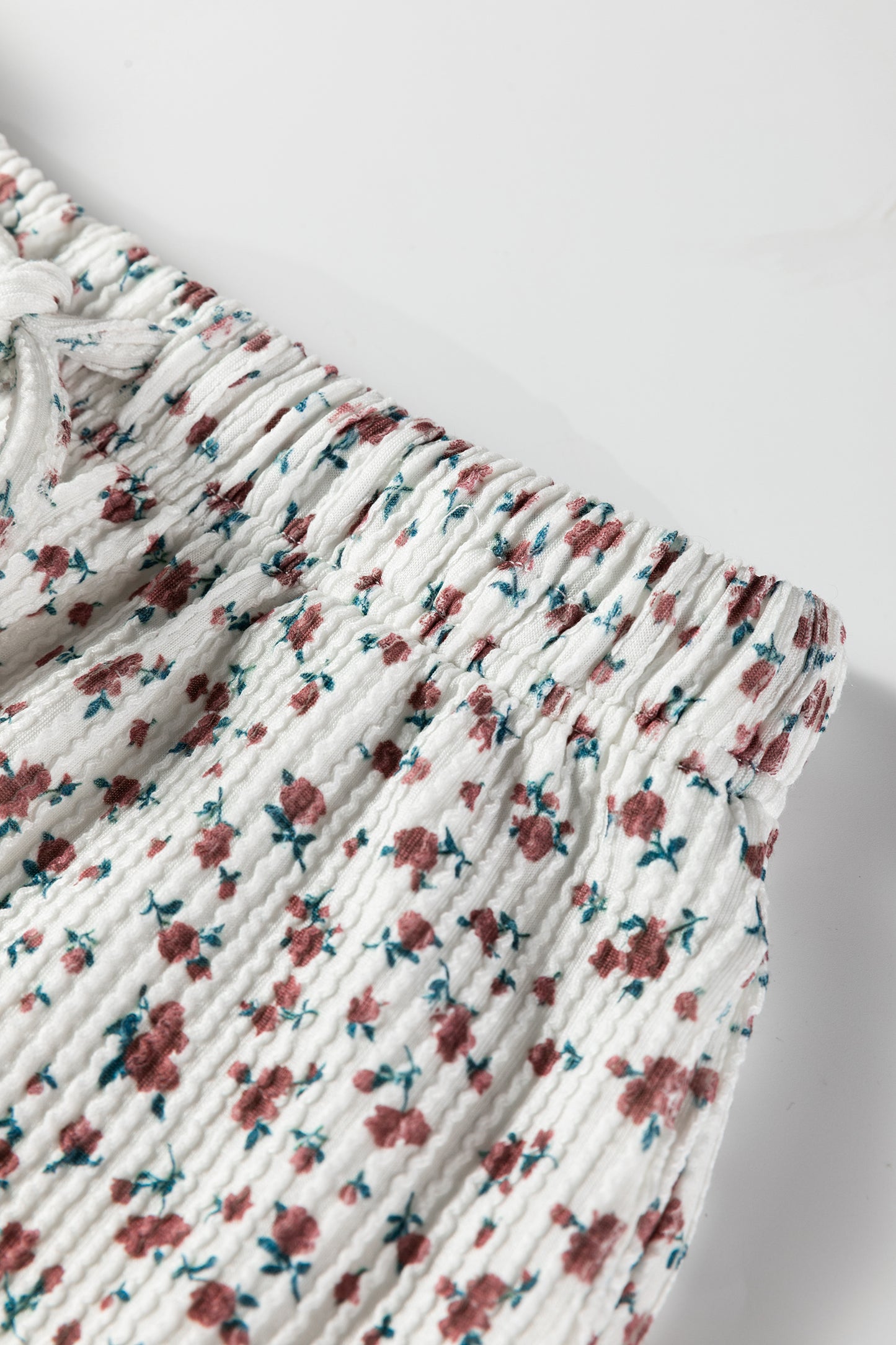 White Spiral Ribbed Floral Print Long Sleeve Henley Top Drawstring Short Set