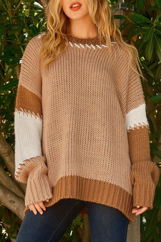 Light French Beige Color Block Contrast Stitch Oversized Sweater - L & M Kee, LLC