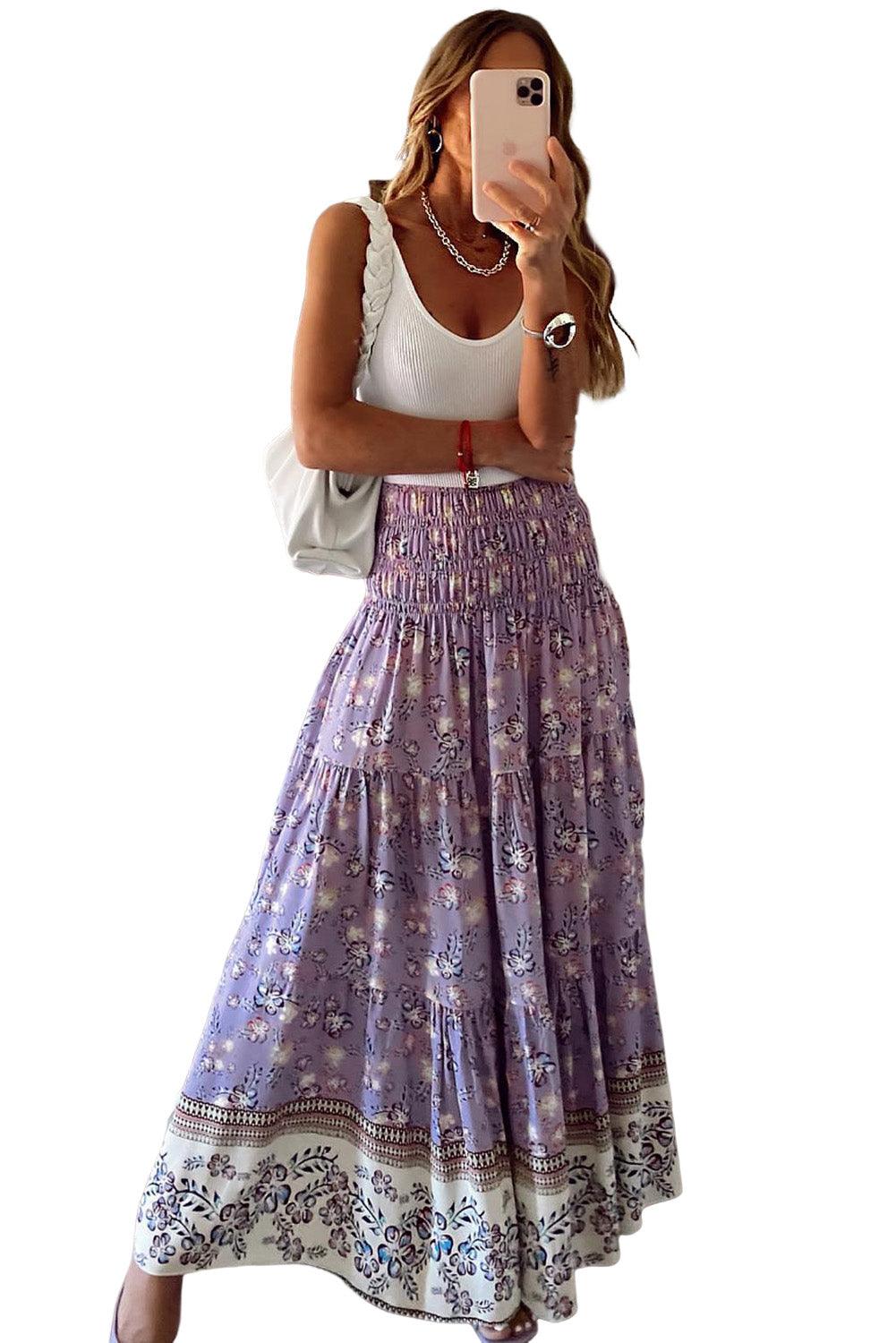 Floral Print Shirred High Waist Maxi Skirt - L & M Kee, LLC