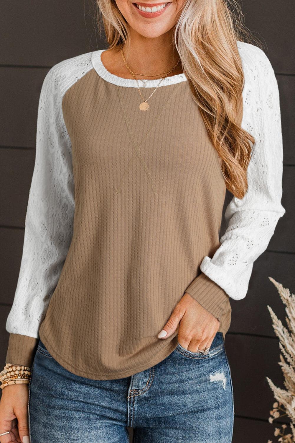 Light French Beige Lace Crochet Patch Long Sleeve Textured Top - L & M Kee, LLC