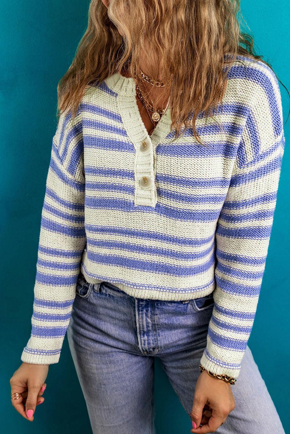 Stripe Printed Knit Henley Sweater - L & M Kee, LLC