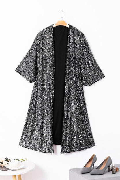 Silvery Sequin 3/4 Sleeve Kimono - L & M Kee, LLC