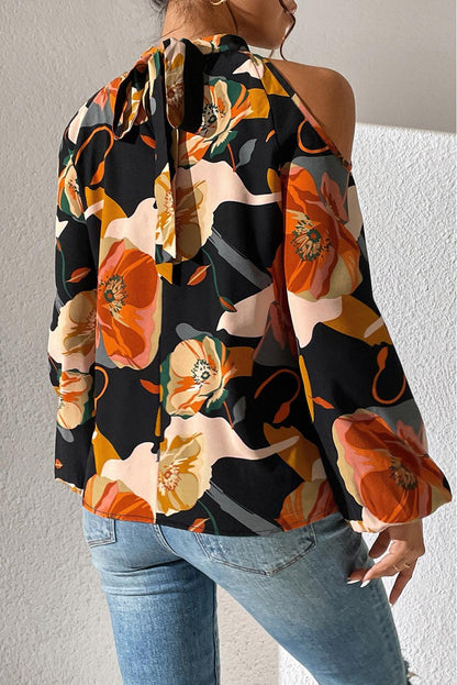 Black Floral Print Cold Shoulder Lantern Sleeve Blouse - L & M Kee, LLC