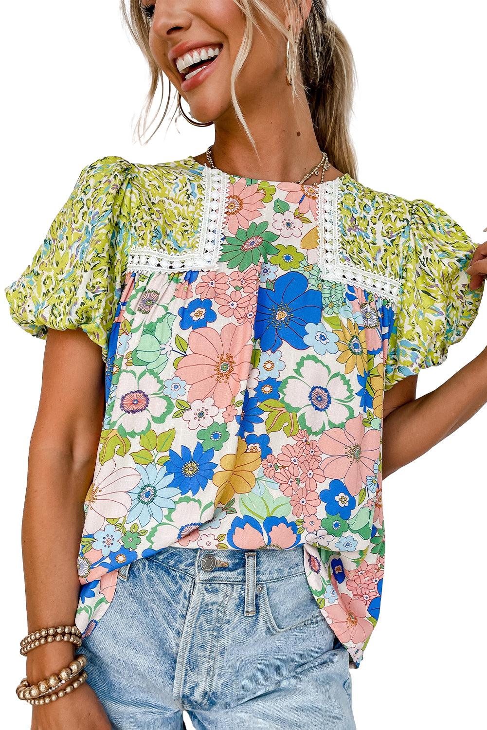 Green Bubble Sleeve Lace Trim Floral Mixed Print Blouse - L & M Kee, LLC