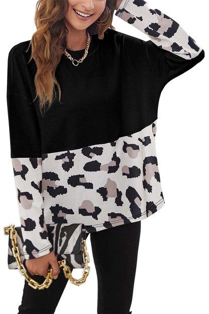 Black Leopard Color Block Long Sleeve Top - L & M Kee, LLC