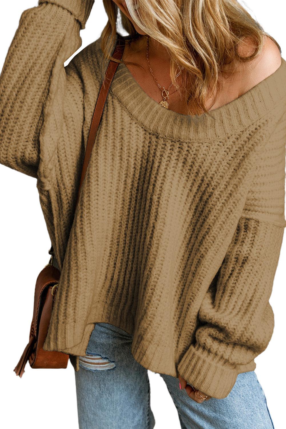 Khaki Ribbed Knit Round Neck Slouchy Chunky Sweater - L & M Kee, LLC