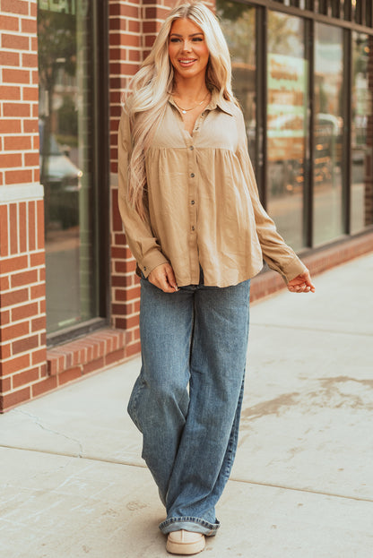 Light French Beige Waffle Patchwork Button Up Frayed Hem Shirt