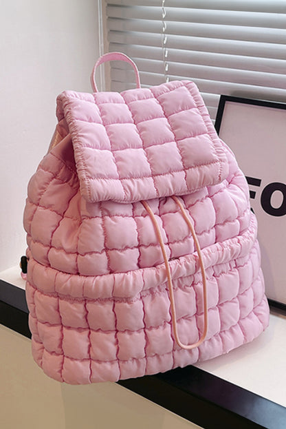 Pink Solid Flapped Quilted Puffer Backpack