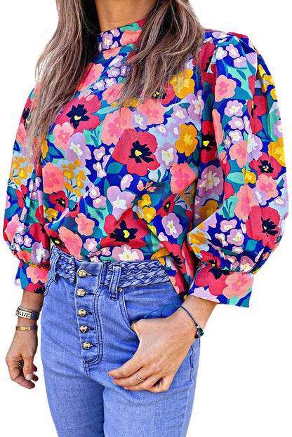 Blue Mock Neck Bubble Sleeve Floral Print Blouse - L & M Kee, LLC