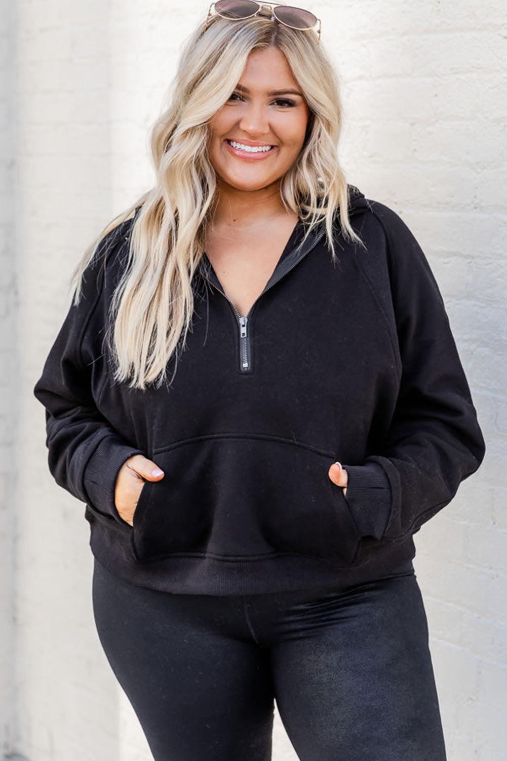 Black Half Zipper Kangaroo Pocket Plus Size Hoodie - L & M Kee, LLC