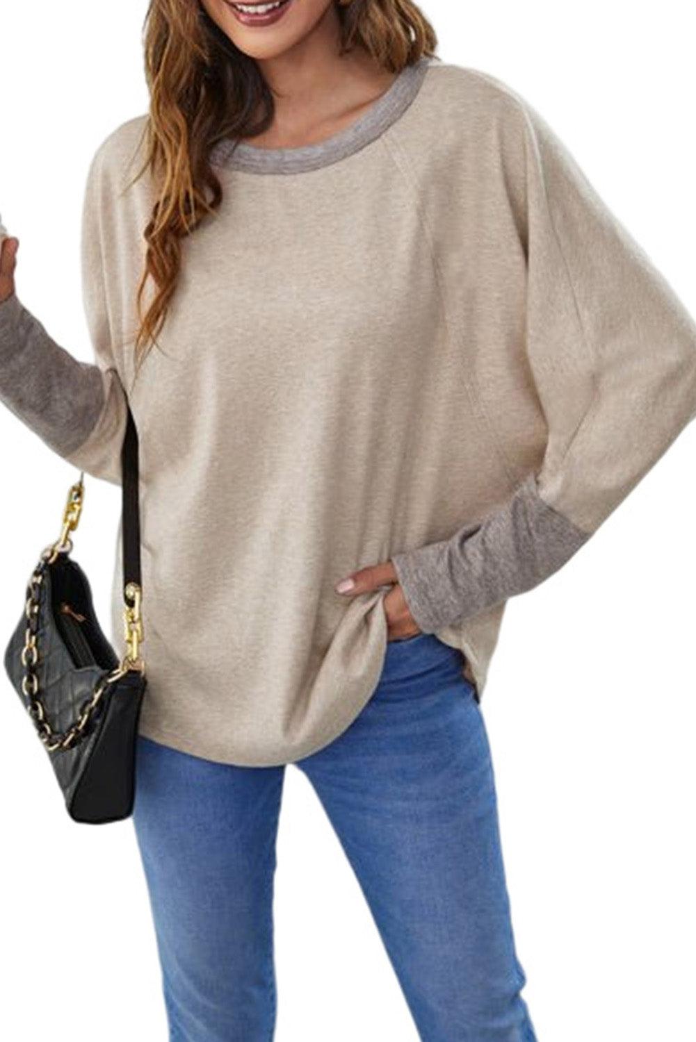 Khaki Contrast Cuffs Batwing Sleeve Loose Top - L & M Kee, LLC