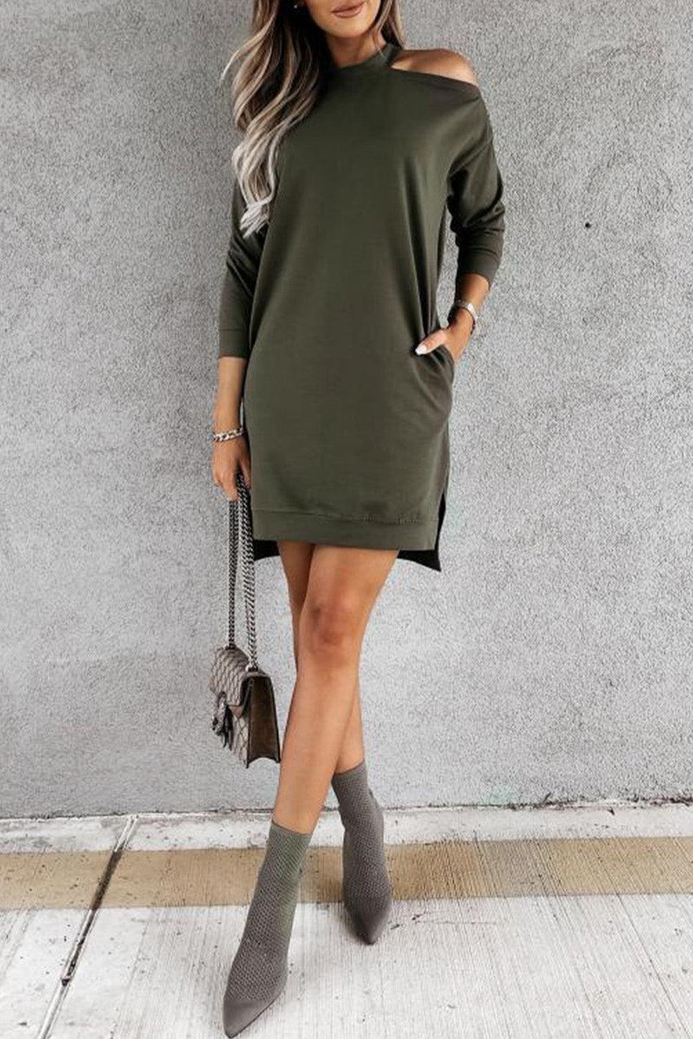 Green Single Cold Shoulder T-shirt Dress with Slits - L & M Kee, LLC