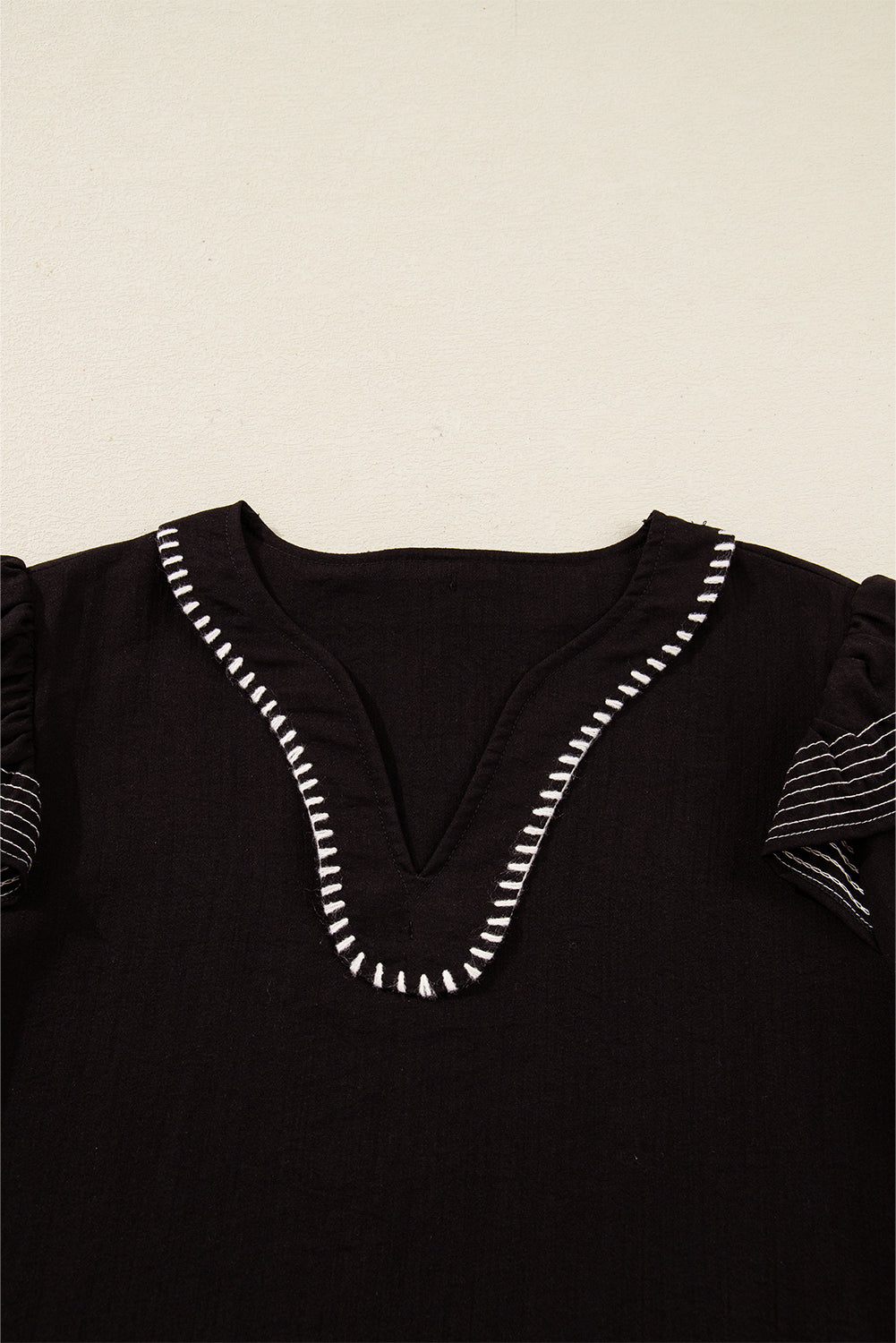 Black Contrast Stitched Detail V Neck Ruffle Long Sleeve Blouse