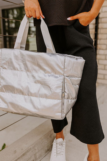 Silvery Solid Zipper Puffer Large Tote Bag