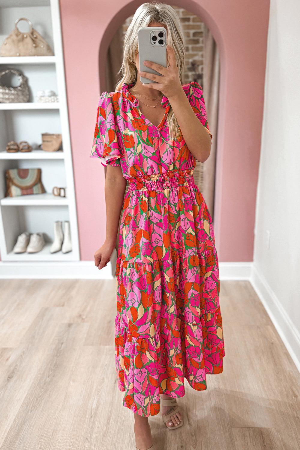 Rose Floral Short Sleeve Smocked Waist Maxi Dress - L & M Kee, LLC