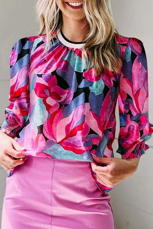 Multicolor Floral Print Ruched Sleeve Puff Sleeve Blouse - L & M Kee, LLC