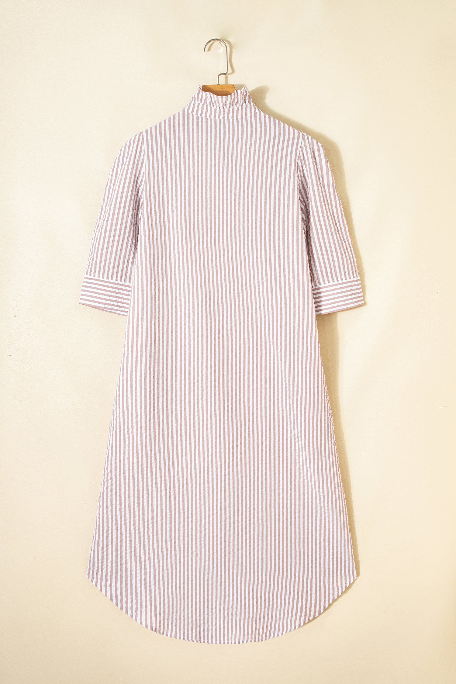 Khaki Stripe Frilled Collar Half Sleeve Shirt Maxi Dress