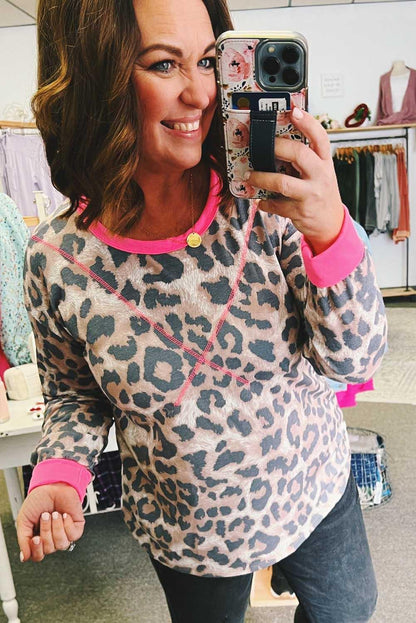 Leopard Contrast Trim Cross-Seam Plus Size Long Sleeve Top - L & M Kee, LLC