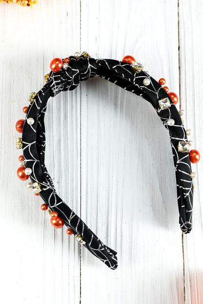 Black Pearled Rhinestone Knotted Spiderweb Halloween Headband