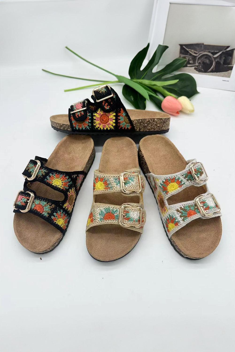 Beige Woven Sunflower Buckle Strap Slippers - L & M Kee, LLC